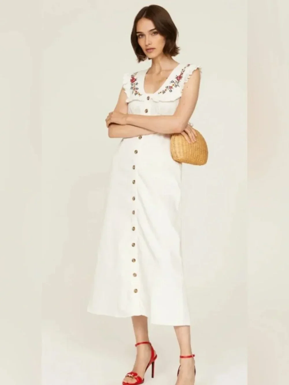 RIXO Nova Dress Midi Floral Embroidered Spread Collar Ecru Button front M - Picture 3 of 14